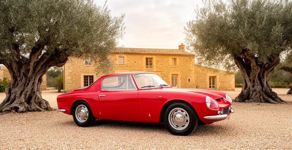 Voiture de sport italienne rouge garée devant un mas provençal en pierre