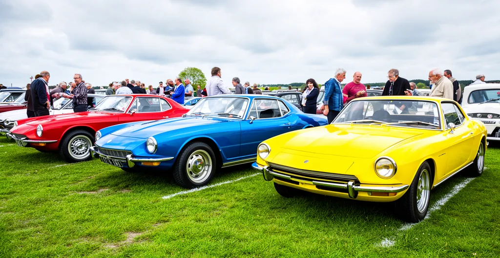 Trois voitures de sport de collection alignées lors d'un rassemblement automobile Trois voitures de sport de collection alignées lors d'un rassemblement automobile